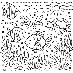 Naklejka premium Cute Cartoon Ocean Animals Coloring Page