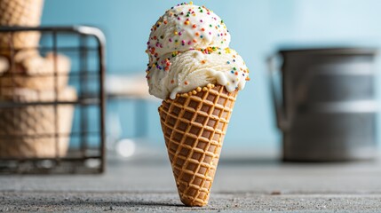Vanilla ice cream double scoop cone