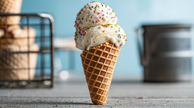 Vanilla ice cream double scoop cone