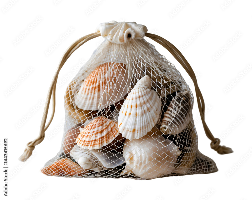Poster elegant seashell medley, a net bag brimming with treasures from the sea, creating a symphony of text