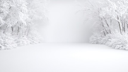Fototapeta premium Snow-covered winter trees frame an empty white studio background for product display.