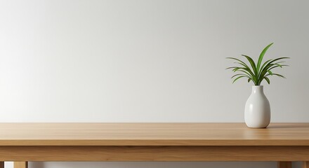 Kitchen wooden countertop on white wall background. Minimalistic room with tabletop and plant in vase for product presentation. Clean closeup mockup.
