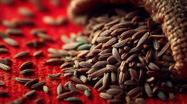 Close-up of cumin seeds spilling from a rustic burlap sack on red surface - Powered by Adobe