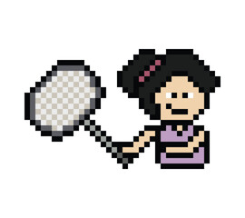 Obraz premium Cartoon pixel character cute woman lady exercise training play badminton tennis lifestyle decoration life style 8 bit female girl game badminton 8bit fitness isolated PNG vector.