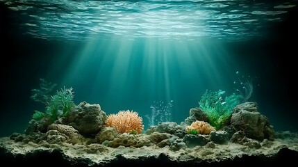 Underwater scene depicting vibrant coral reefs with sunlight filtering through the water