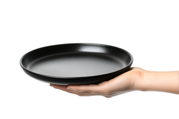 Hand holding on black empty plate Isolated on white