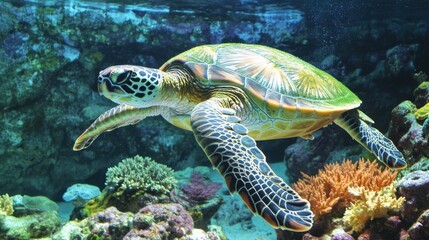 Fototapeta premium Sea Turtle Gliding Through Coral Reef Habitat