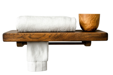Luxurious spa like bathroom scene featuring a rolled white towel a hanging towel and a wooden on transparent background