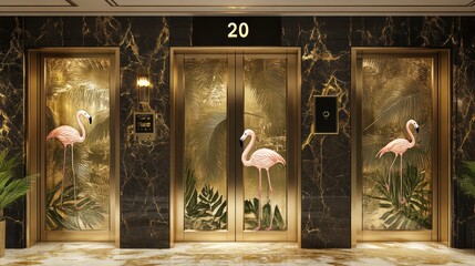 Elevators open in upscale hotel lobby with flamingo art for travel promotion