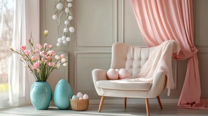 Fototapeta premium Pastel Easter Decor: Cozy Armchair, Pink Flowers, and Delicate Eggs in a Spring Interior