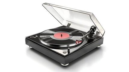 Turntable with vinyl record music player on white background