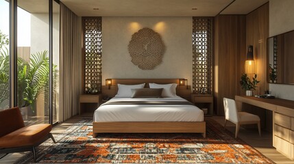 Modern bedroom with natural tones and a touch of Asian-inspired design.  Spacious and comfortable