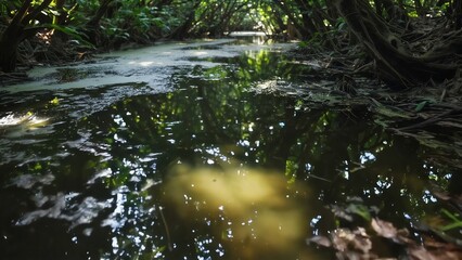 Fototapeta premium Dark Swamp Water Reflecting Forest Canopy Green Duckweed Covered Surface Mysterious Wetland Ecosystem Still Bayou Scene Hidden Depths