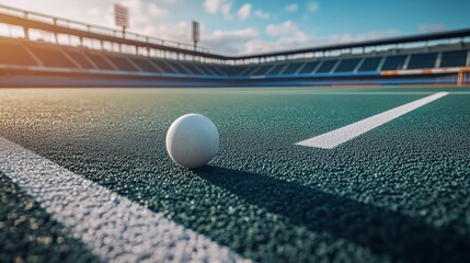 A close-up of a white ball on a green sports field under a clear blue sky.
