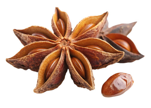 three star anise spices, one with a loose seed, isolated on white background