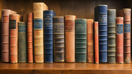 Naklejka premium Old books stand upright on a wooden shelf their spines adorned with gold lettering and aged textures