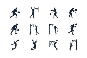 Basketball players silhouettes in various actions dribbling shooting and dunking the ball