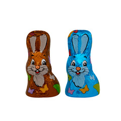 Two chocolates easter bunny with wrappers, easter decoration. The isolation is on a transparent background in the PNG format.