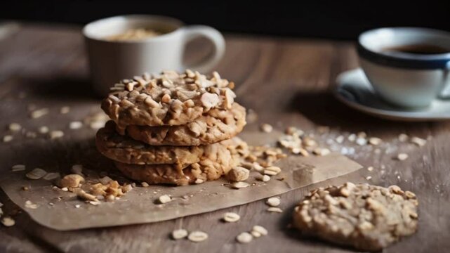 Oatmeal Cookies, Round oatmeal cookies with raisins are stacked vertically in a row on a wooden background., Home baked oatmeal cookies, created with generative ai