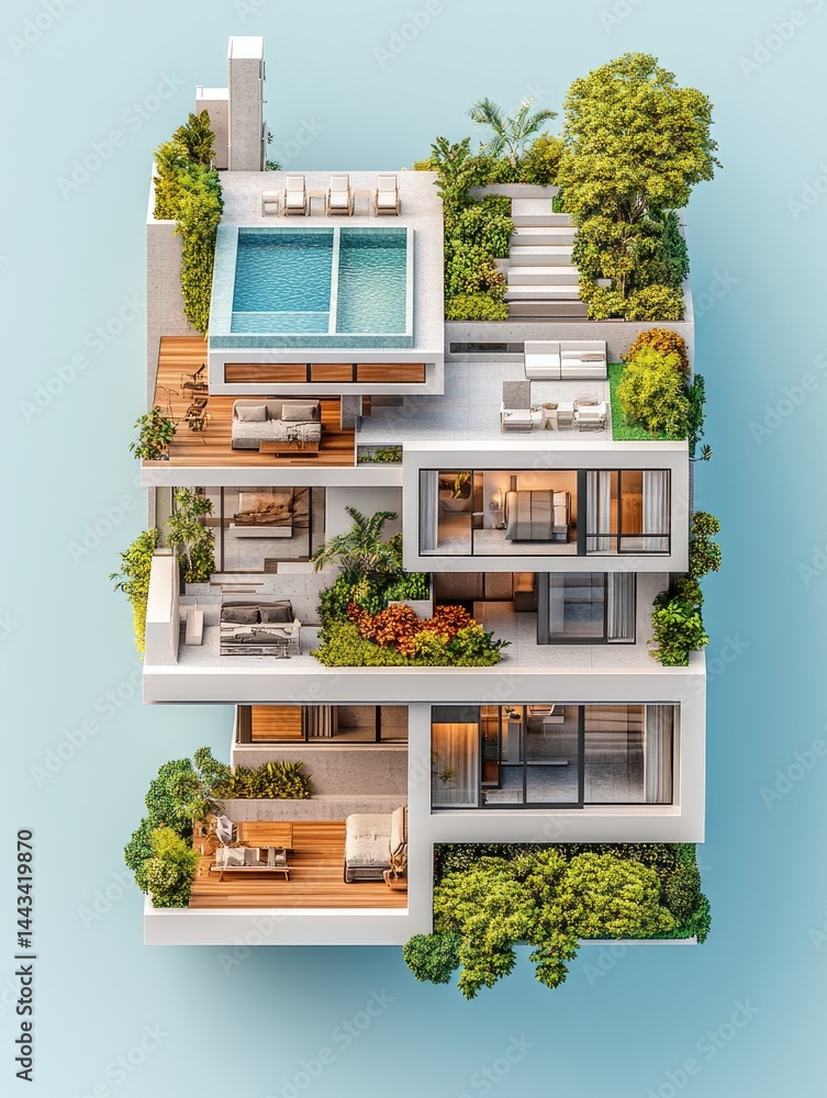 Aufkleber architectural model of a modern house with a pool and rooftop garden. features multiple levels and a