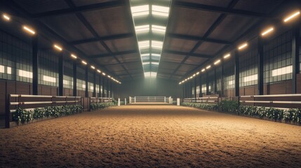 Spacious indoor equestrian arena with soft lighting and sandy ground, perfect for horse riding and training.