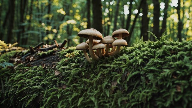 Lush green moss covering fallen log in damp forest, closeup of vibrant woodland ground cover with intricate texture, rich natural ecosystem detail showing forest floor biodiversity
