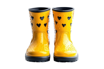 Shiny yellow rain boots with black hearts perfect for rainy days Studio shot against a black on transparent background