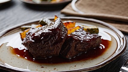 Perfectly seared beef short ribs with glossy brown sauce on rustic plate, gourmet braised meat with rich gravy, luxury restaurant dish with slow-cooked tender beef and caramelized surface