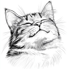 Elegant monochrome sketch of a peaceful cat with eyes closed, drawn in detailed line art style. Ideal for posters, t-shirt designs, tattoos, pet-themed decor, and artistic prints.