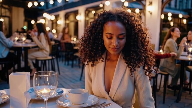 Elegant woman with curly hair sipping coffee in upscale cafe, stylish female enjoying alone time with hot beverage, sophisticated lifestyle moment in chic restaurant atmosphere