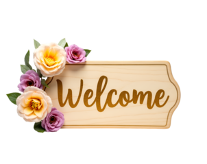 Elegant welcome sign crafted from natural wood adorned with delicate roses and leaves, imparting a sense of invitation and warmth to any setting or event