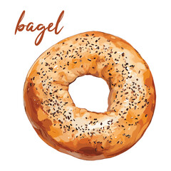 bagel in watercolor illustration style, isolated vector on white background
