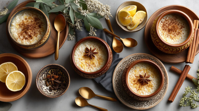 Overhead view of arroz doce bowls arranged for a family meal, surrounded by spoons, cinnamon sticks, and lemon peel