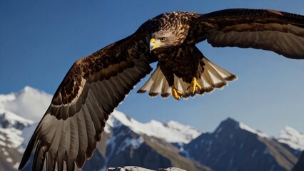 Obraz premium Majestic eagle soaring against blue sky with snow-capped mountain peaks in background, wildlife in natural habitat, symbol of freedom