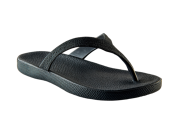 Stylish black flip flop sandal isolated on black background showcasing textured sole and sleek on transparent background