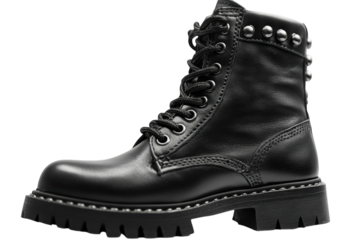 Stylish black leather combat boots with silver studs detailed laces and a rugged sole against on transparent background