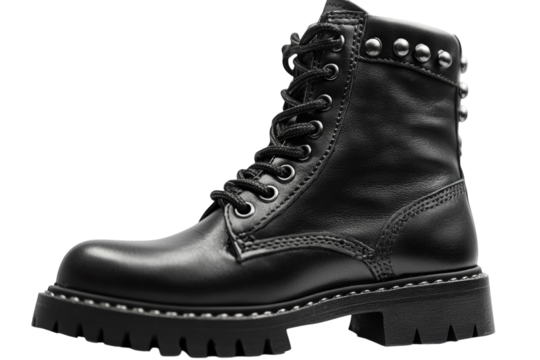 Stylish black leather combat boots with silver studs detailed laces and a rugged sole against on transparent background