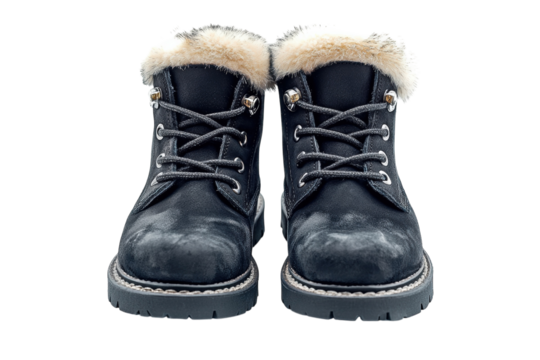 Stylish dark blue suede winter boots with warm fur lining perfect for cold weather adventures on transparent background - Powered by Adobe