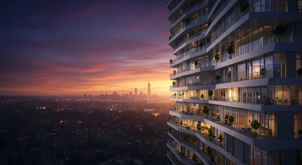 Obraz premium Luxury Apartments Overlooking Stunning Sunset Cityscape In Twilight