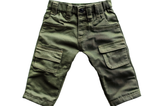 Stylish olive green baby cargo pants detailed product shot on black background Perfect for on transparent background