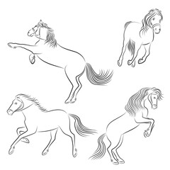 Collection. Silhouette of a beautiful strong horse. The animal runs fast. Drawing for aesthetic decor, posters, stickers, logo. Vector illustrations set.