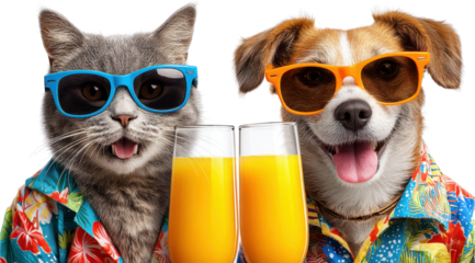 Cool Cats and Dogs: Two stylish pets, a cat and a dog, sporting sunglasses and vibrant Hawaiian shirts, enjoying a refreshing beverage. A lighthearted moment captured in a fun and friendly atmosphere.