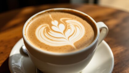 A cup of cappuccino with intricate latte art sits on a white saucer atop a wooden table, bathed in warm natural light.