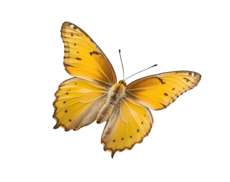 Elegant yellow brimstone butterfly in mid flight showcasing its intricate wing patterns against a minimalistic design, highlighting its delicate beauty and ethereal grace