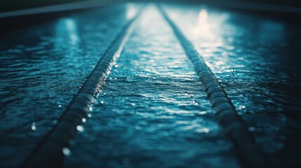 Close-up of a shimmering swimming pool surface with lanes visible, evoking a serene and tranquil atmosphere.