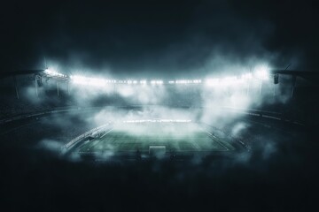 A dramatic view of a foggy soccer stadium under bright lights, creating an intense atmosphere.