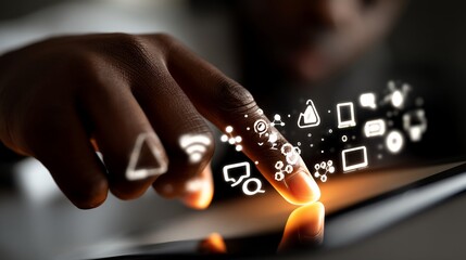 Fototapeta premium Person using tablet, interactive glowing icons appear around fingertip