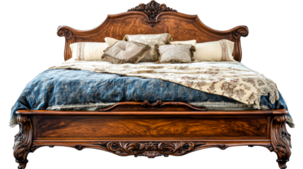 Elegant wooden bed with quilt and pillows