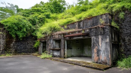 Weathered concrete bunkers overgrown with vegetation