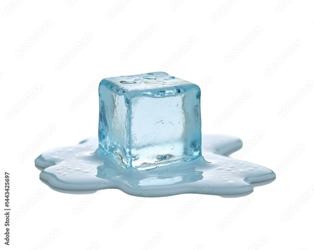 Aufkleber ephemeral existence, a translucent ice cube surrendering to warmth, amidst a pool of its own making,